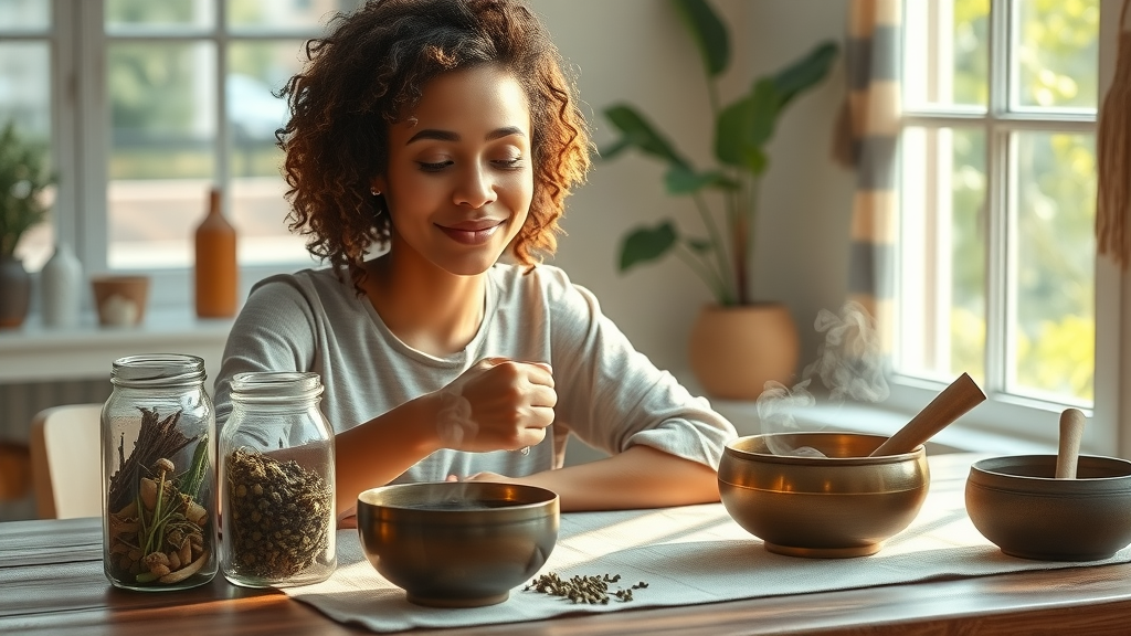 Sacramento woman enjoying local herbal tea ritual with natural wellness products