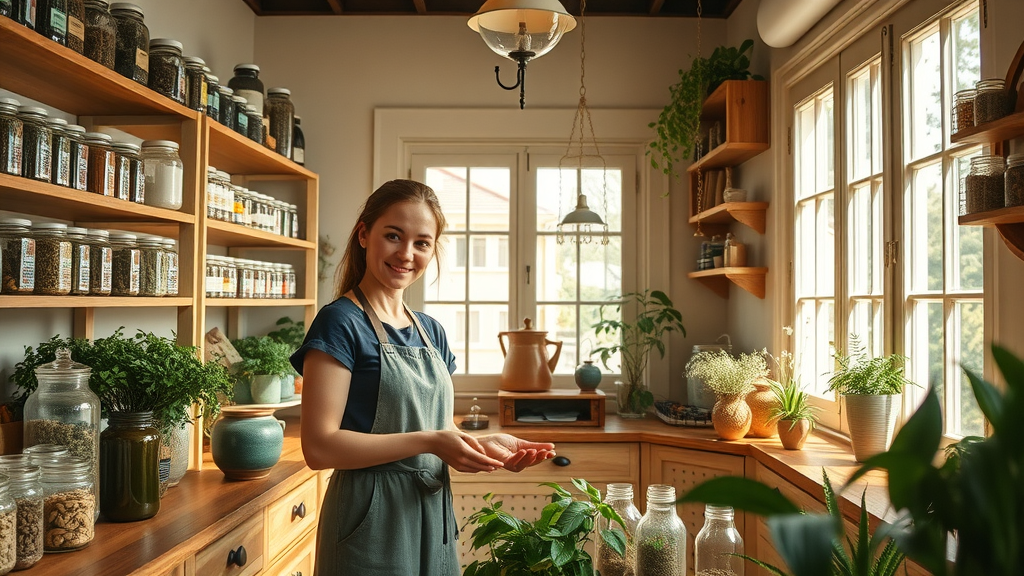 Local herbal apothecary in Sacramento with sunlit shelves of herbal remedies