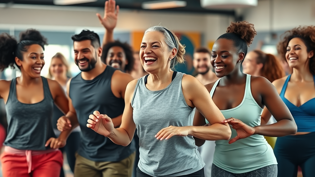 Friends support each other during energetic Sacramento dance fitness workout