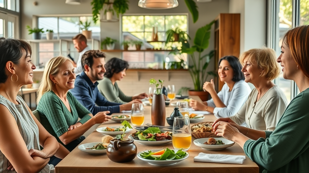 Enjoying plant based macrobiotic dining at Sacramento restaurant table