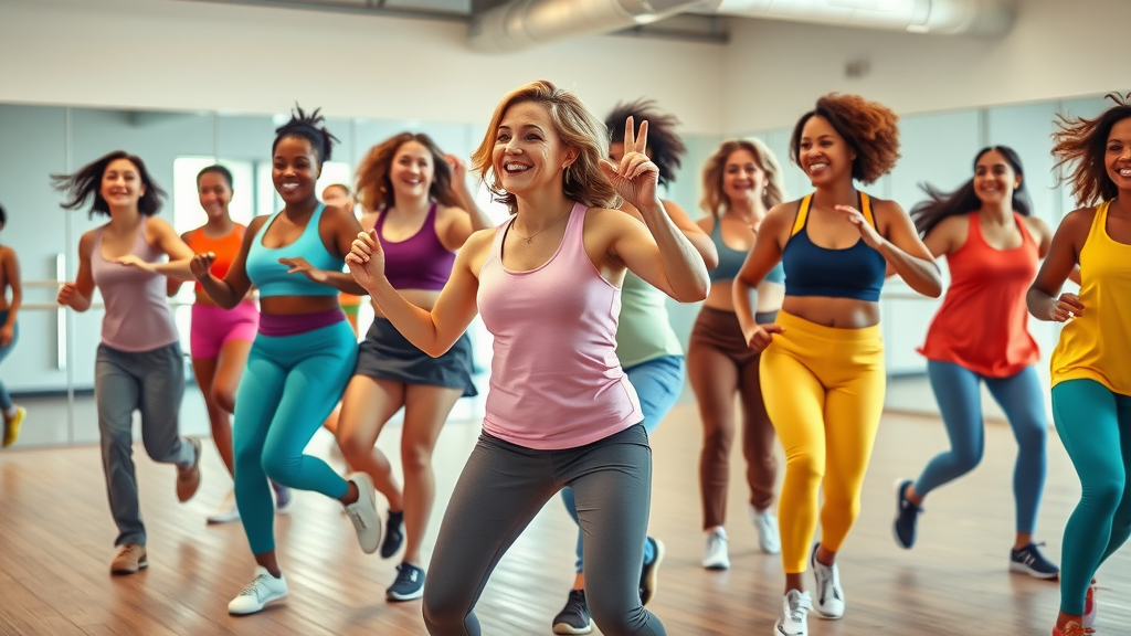Diverse group enjoys Sacramento dance fitness class in a bright studio