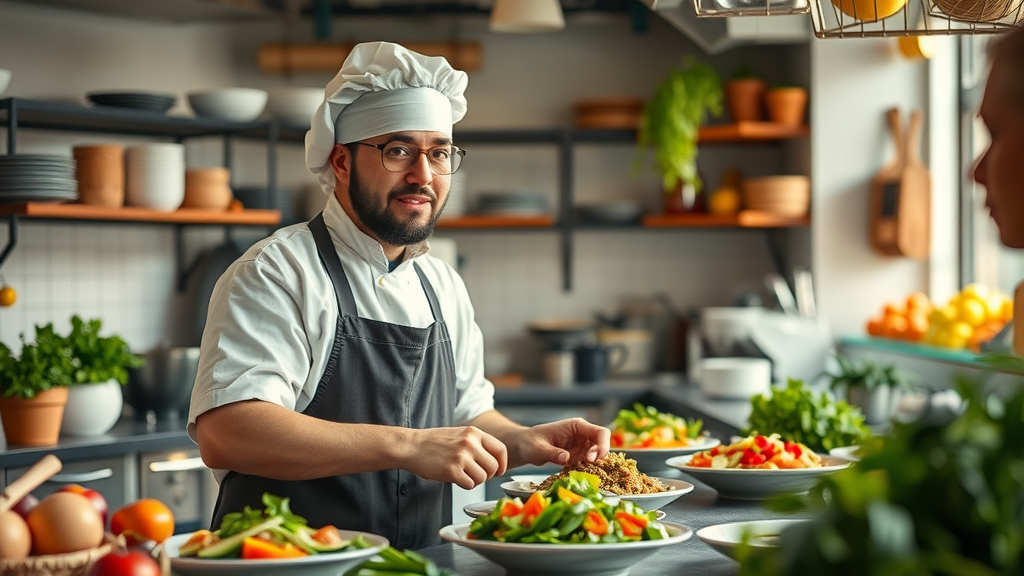 Chef preparing plant based macrobiotic dishes in Sacramento kitchen
