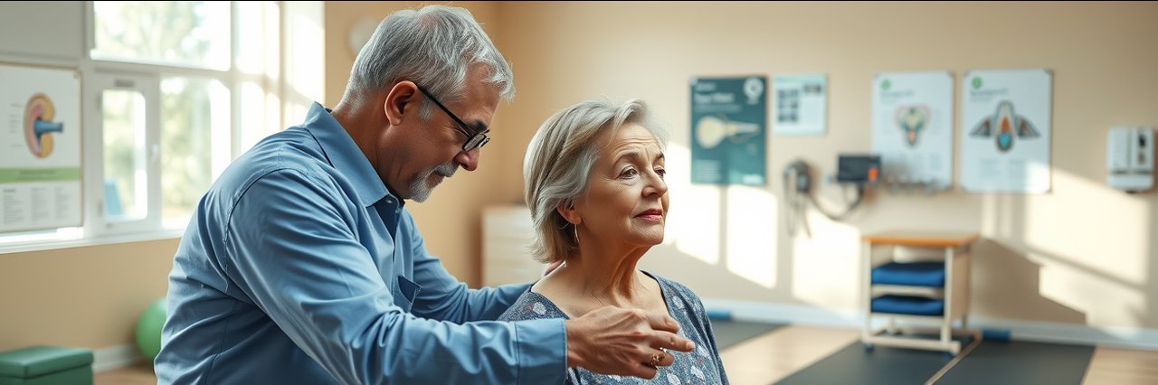 Vestibular therapy for vertigo in Sacramento—physical therapist guides patient in rehab clinic.