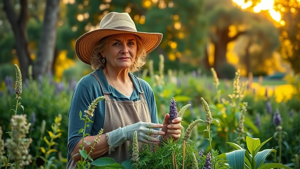 Sacramento herbalist harvesting fresh local herbs in native garden