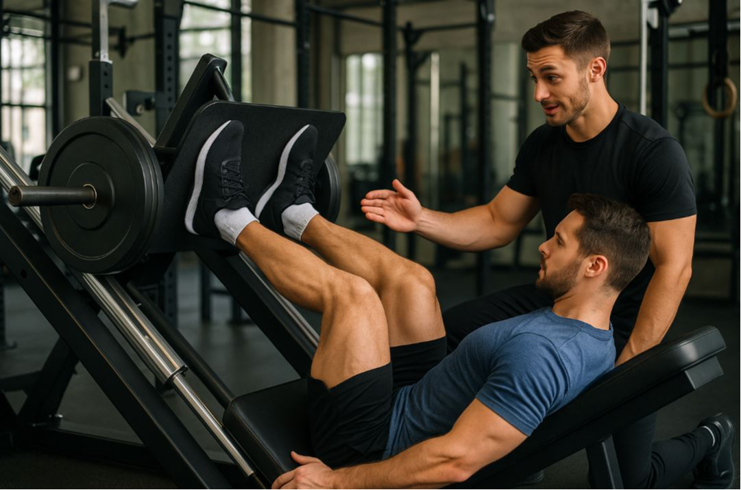A male trainer coaches a male client through a leg press in a modern gym, focusing on proper form and technique during a personalized fitness session.