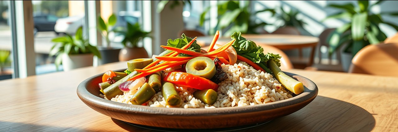 Colorful plant based macrobiotic diet meal in Sacramento restaurant setting