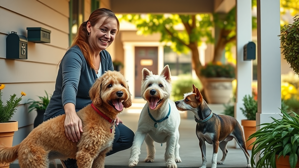 Dog walker meeting dogs on Midtown Sacramento porch for personalized care