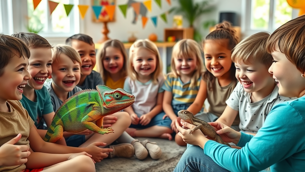 Children at Sacramento animal encounter party interact with chameleon and educator