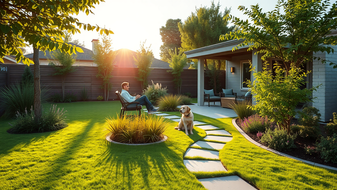 Lush Sacramento yard with man and dog showcasing top-notch gardening services.