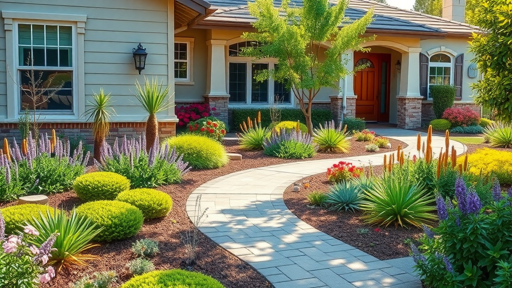 Front yard with vibrant drought-tolerant landscaping by Sacramento gardening services.