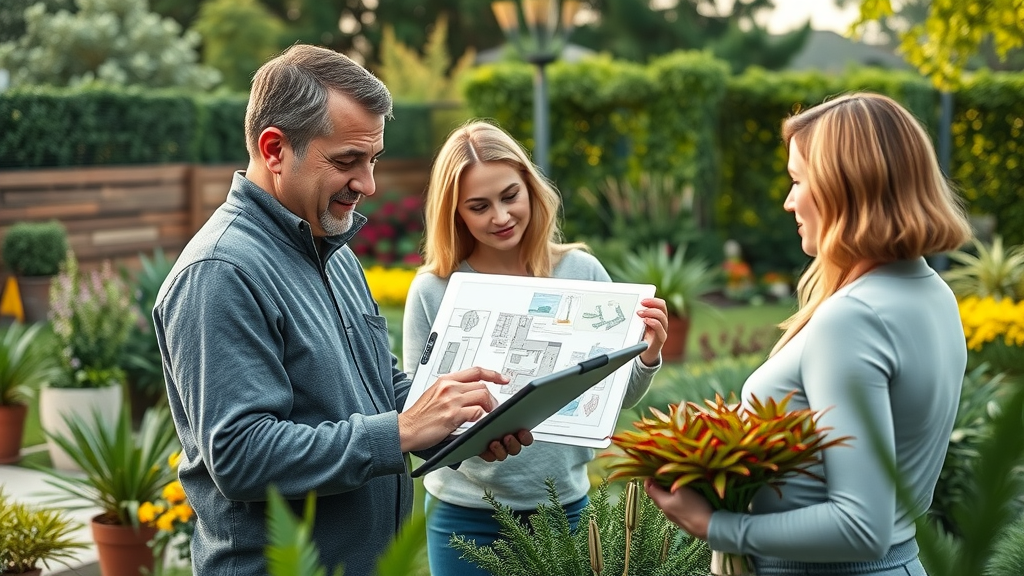 Gardening expert showing 3D yard plans to clients in lush Sacramento garden scene.
