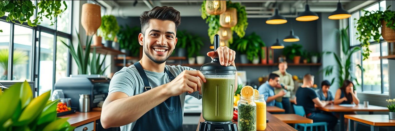 Modern healthy smoothie bar in Sacramento with cheerful barista preparing fresh green smoothies.