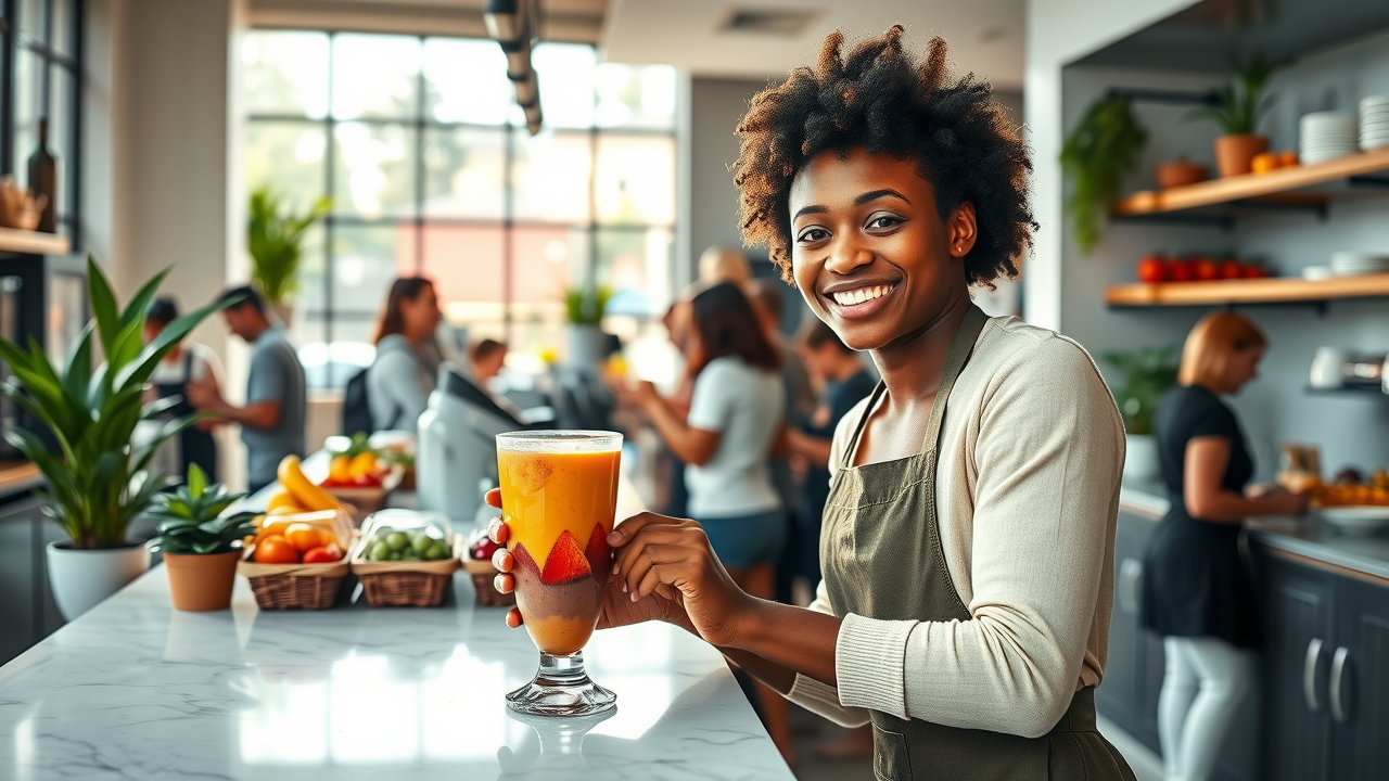 Healthy smoothie bar Sacramento with fresh fruits and smiling barista