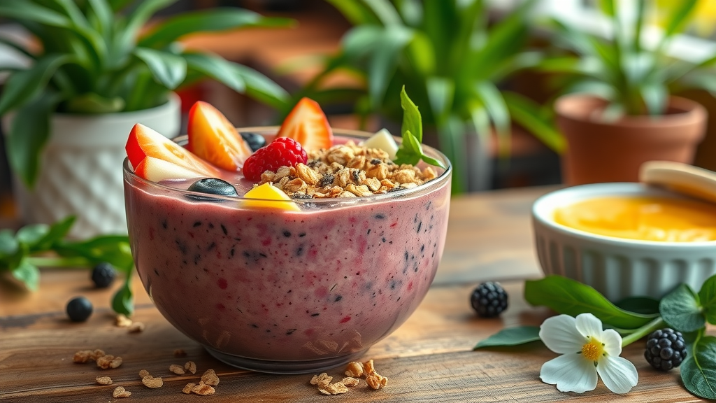 Healthy smoothie bowl with fruits and granola at Sacramento smoothie bar