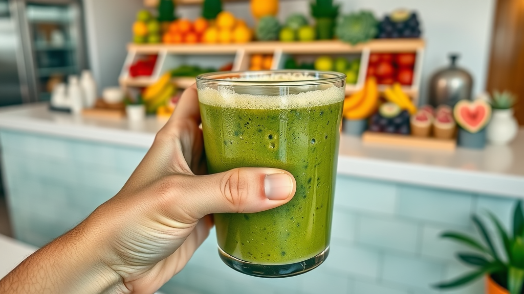 Hand holding green smoothie at healthy Sacramento smoothie bar fresh counter
