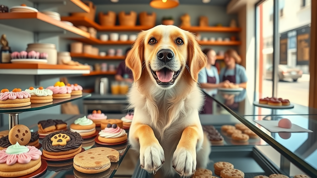 Colorful gourmet dog treats in Sacramento boutique with happy golden retriever