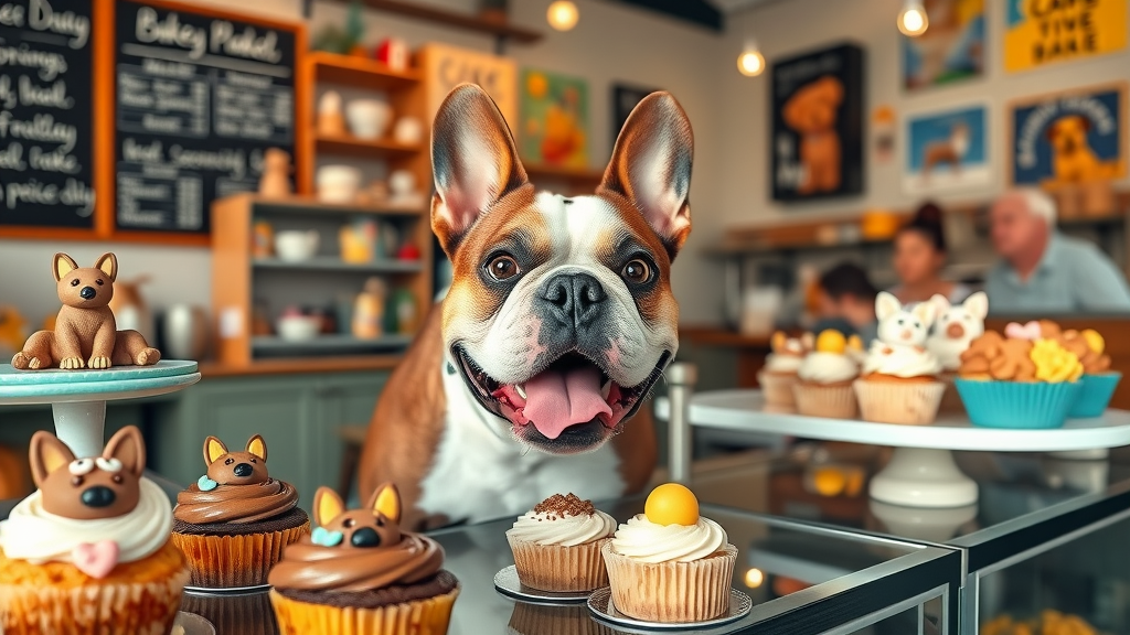 French bulldog admiring gourmet dog pupcakes at Sacramento dog treat bakery