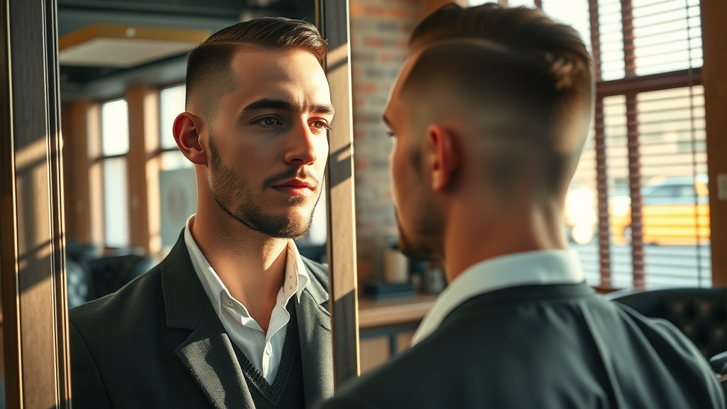 Stylish man admiring best mens haircut in Sacramento in trendy downtown barbershop