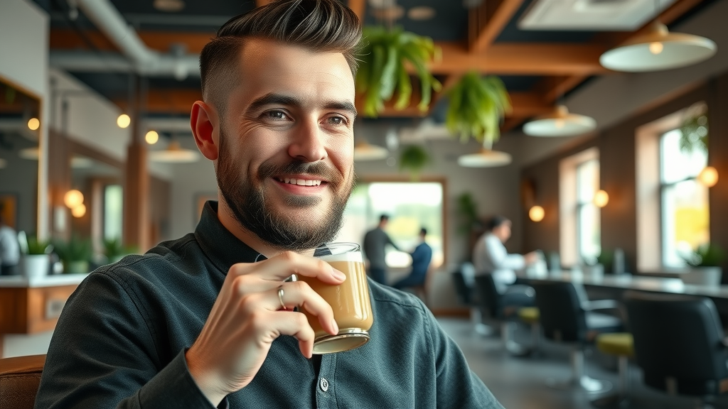 Dapper man enjoying coffee after best mens haircut in Sacramento stylish barbershop
