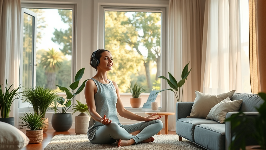 Young woman practices mantra music relaxation techniques in Sacramento home.