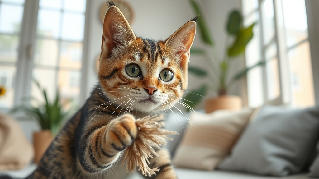 Sacramento pet photographer documents playful tabby cat in sunny home setting.