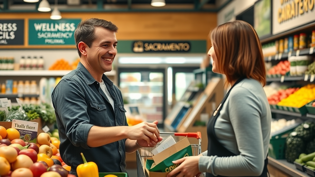 Sacramento co-op employee helping shopper choose organic produce.