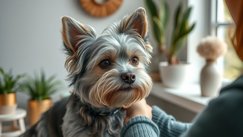 Senior Yorkie at Sacramento family owned pet spa enjoying personalized gentle care.
