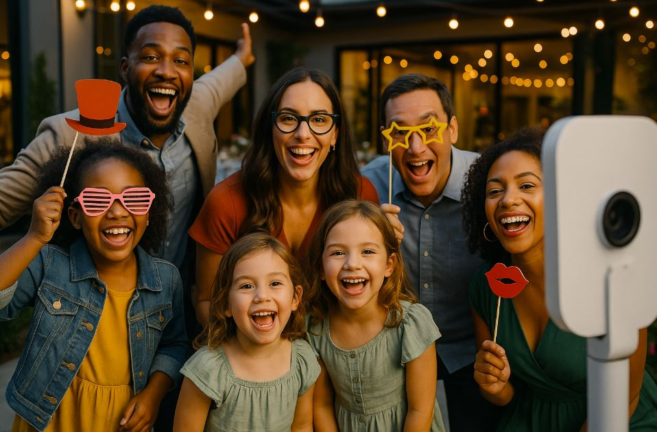 Diverse group of adults and children laughing and posing with playful props in front of a photo booth at a stylish Sacramento event with string lights glowing.