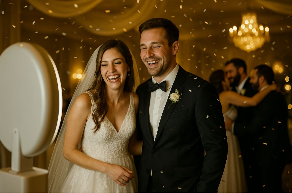 Bride and groom laugh together in front of a luxury photo booth as confetti falls around them at an elegant wedding reception with chandeliers and draped fabric.