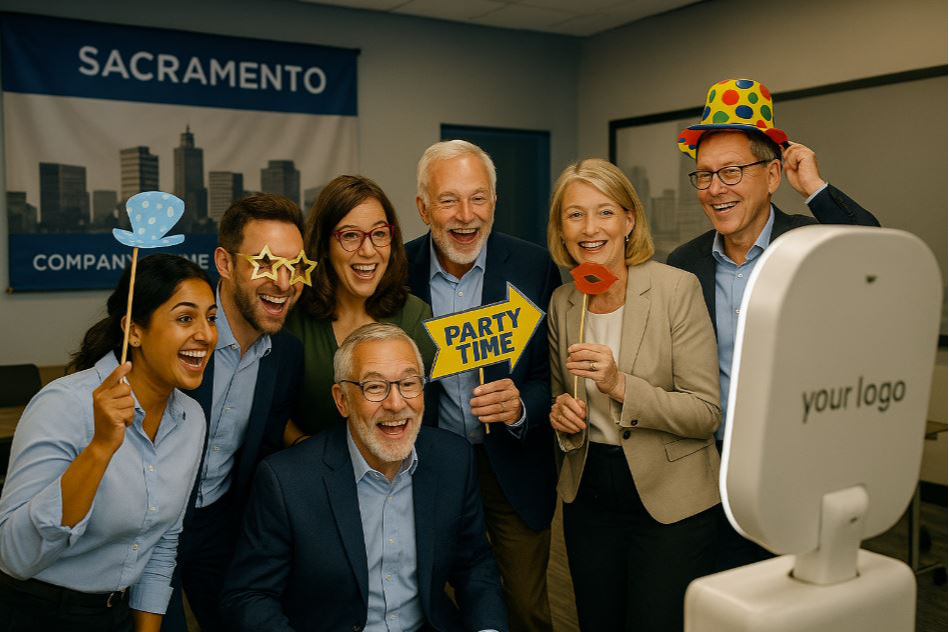 Diverse group of colleagues in business casual attire laughing and posing with fun props at a sleek photo booth in a modern Sacramento office event setting.