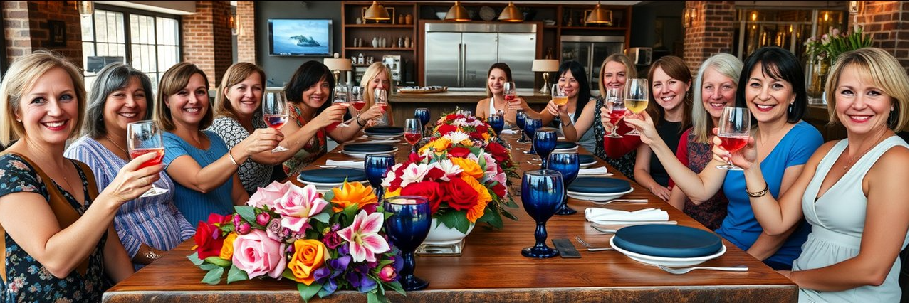 Group of twelve people smiling and raising drinks around a long, flower-decorated dining table in a cozy restaurant with an open kitchen in the background.