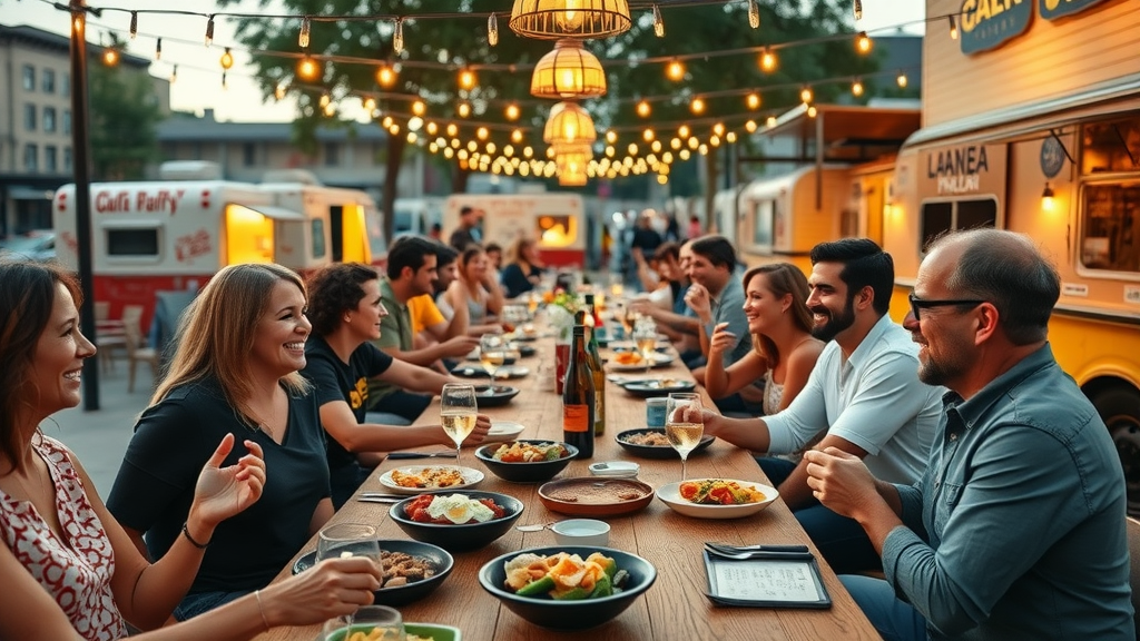Communal table at Sacramento food event with locals tasting creative dishes