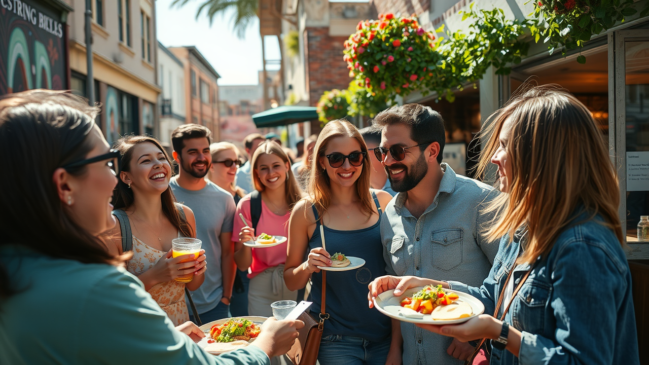 Small group enjoying a guided food tour in Sacramento, sampling dishes at a local eatery with murals in the background, led by an enthusiastic guide sharing stories. 