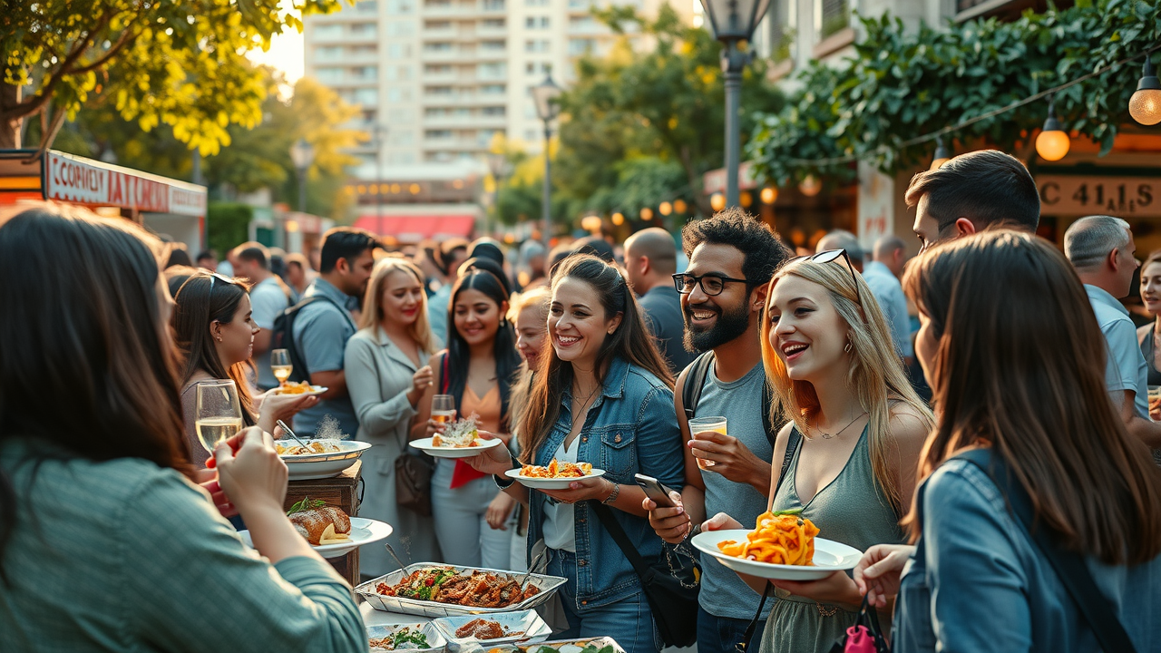 Guests gather around a tasting table at a Sacramento food event, enjoying fresh local dishes and lively conversation, with a guide sharing insights about the cuisine.
