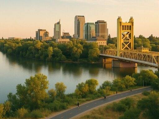 A golden-hour park scene filled with movement and mindfulness—featuring bikers, joggers, meditators, and people relaxing by the river under sunlit trees.