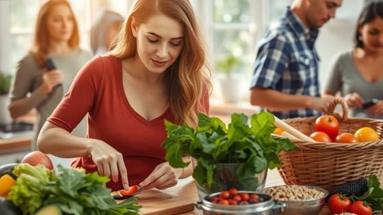 Diverse adults cooking healthy meals together in a bright kitchen, featuring fresh produce.
