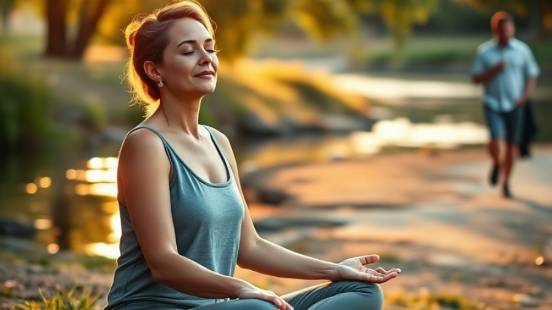 Woman meditating by the Sacramento River at sunrise, embodying mindfulness and tranquility.