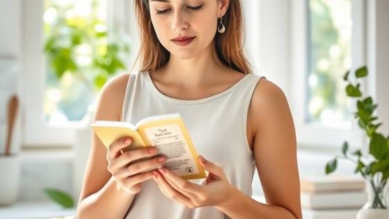 Woman reading herbal tea jar in a bright, holistic living kitchen scene.