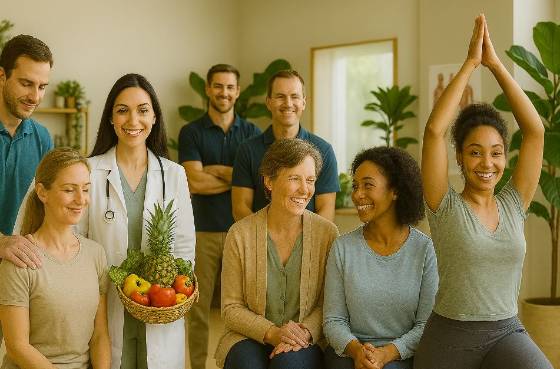 Six wellness professionals in a bright room with plants, offering care from chiropractic to yoga, nutrition, and therapy in a warm, inclusive setting.