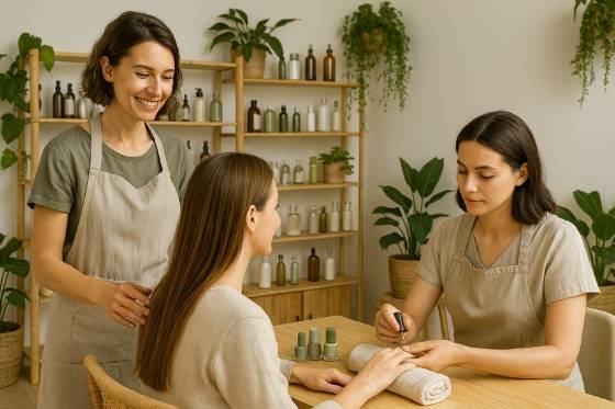 Eco-conscious personal care studio with natural materials, plant décor, and sustainable beauty services.