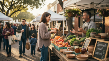 Engaging shopper selects fresh produce at Sacramento farmers market.
