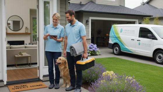 Blue heeler mix with harness at vet, holistic care and herbal remedies visible.
