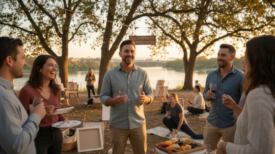 Outdoor Sacramento experience with a local host engaging a relaxed group at golden hour.